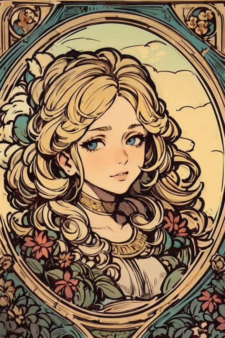 masterpiece, Art Deco,  Portrait of a European Woman's Face, long curly hair,  blonde alone, flowerのフレーム, Decorative panel, Alphonse Mucha (masterpiece,  top quality,  high definition : 1.4),   Details,   intricate details , 4K,  color splash , flower, (orgasm:1.2)