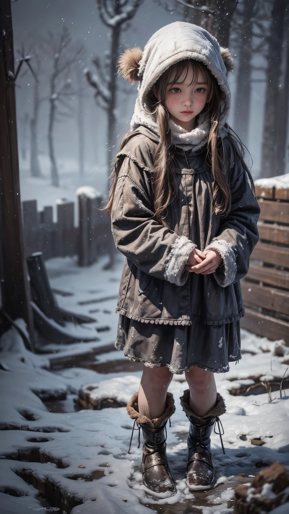 oil painting, Little desperate hopelessly freezing girl with ragged medieval clothes dirty and without shoes in the snow. Dishevelled hair, Tears run down her cheeks, Night falls and fog rolls in, oil painting,
