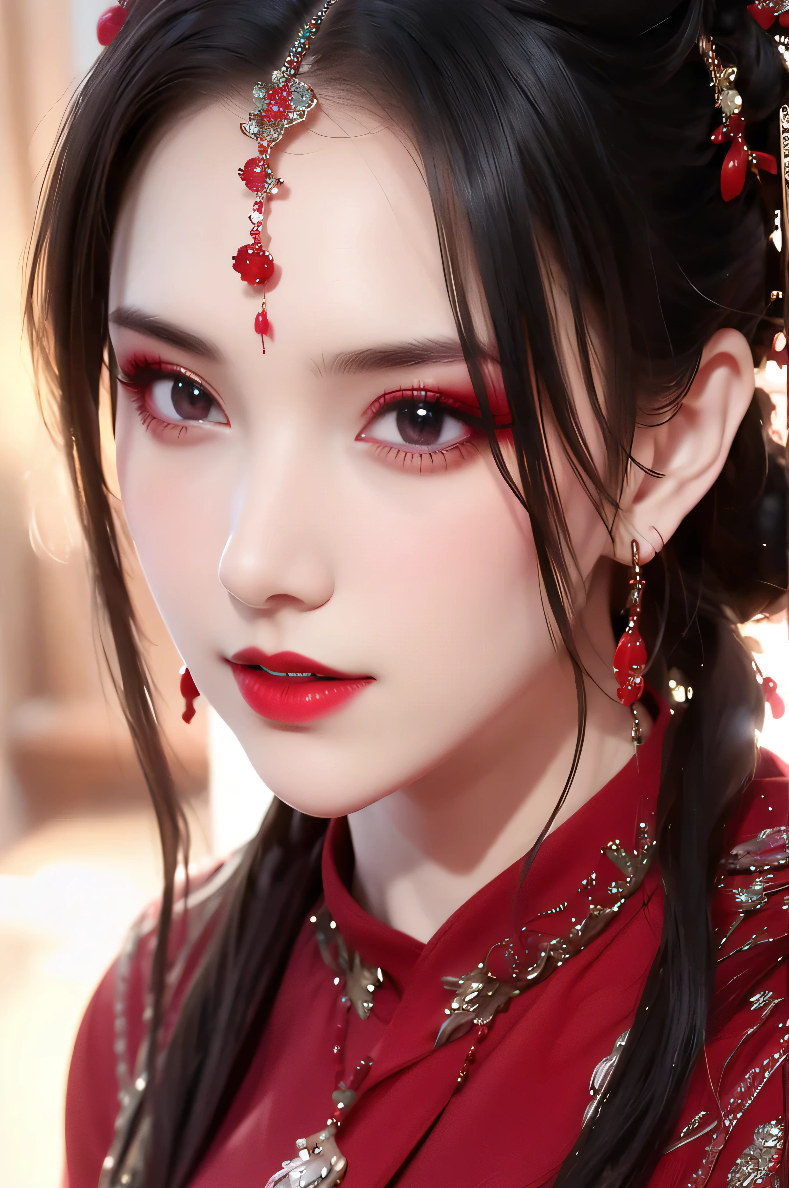 best quality, masterpiece, highres, official art, extremely detailed cg unity 8k wallpaper, jiapliqiao, 1girl, long hair, 1girl, jewelry, solo, earrings, red lips, hair ornament, makeup, realistic, red dress, necklace, full body, devilish smile