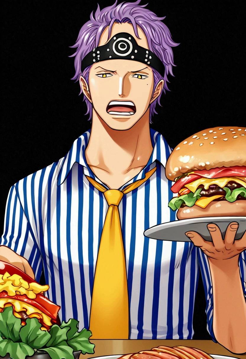 score_9, score_8_up, score_7_up, rating_explicit, source_anime, man, solo, a Japanese art/anime style character with a vibrant and energetic expression. He has stylized purple hair and very prominent yellow eyes, which convey a feeling of madness or enthusiasm, The character is dressed in colorful and eye-catching clothing, including a pink and white striped shirt, yellow tie and black and white plaid-style details, He holds a tray with a huge burger, which has multiple layers of cheese, meat, lettuce and other ingredients, all drawn in bright, exaggerated colors, The character's look is complemented by decorative elements such as barrettes and a chaotic aesthetic, with a hat or stylized headpiece, The image conveys a sense of fun, exaggeration and psychedelic style, amazing quality, best aesthetic, game cg, official art, wallpaper, absurdres, high-res, 3rg0, ARTSTYLE_OnePiece_MangaColored_ownwaifu