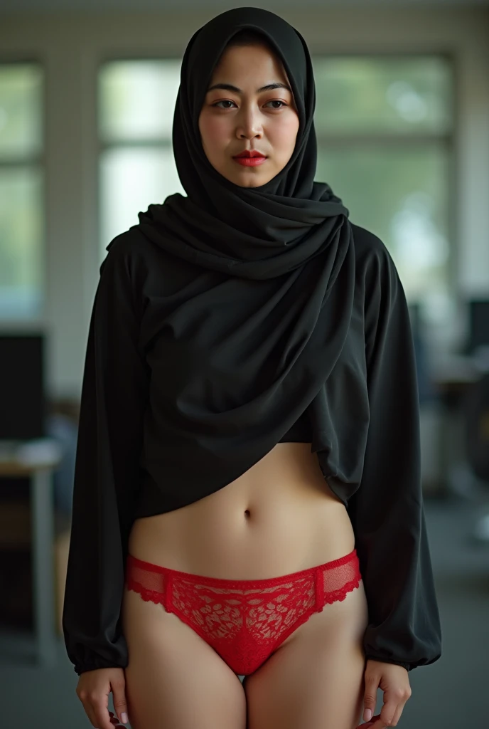 An Indonesian girl in hijab and grey Sexy Lingerie in abandoned classroom, 8mm, Close-up shot, cool-toned color grading, depth of field, film noir, high' detailed,front view, spreads the leg, moaning expression, open mouth and sticky Tongue out