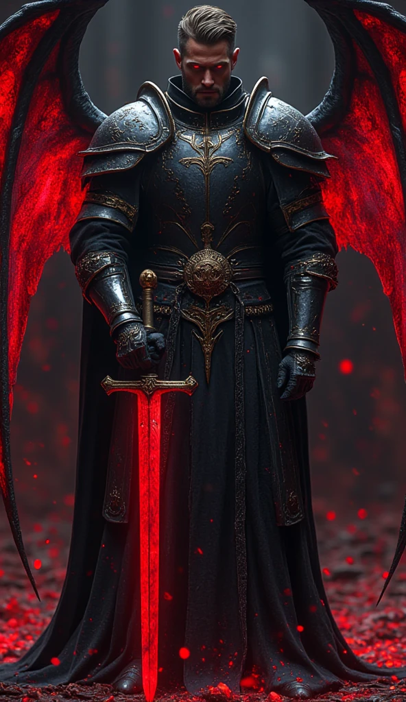  is possessed by a demon, a holy knight commander.A full-body image of an adult male . muscular body .Wear the Holy Knight's Armor. Eyes Deep Red . standing inside a mysterious black and red church.Bold composition 