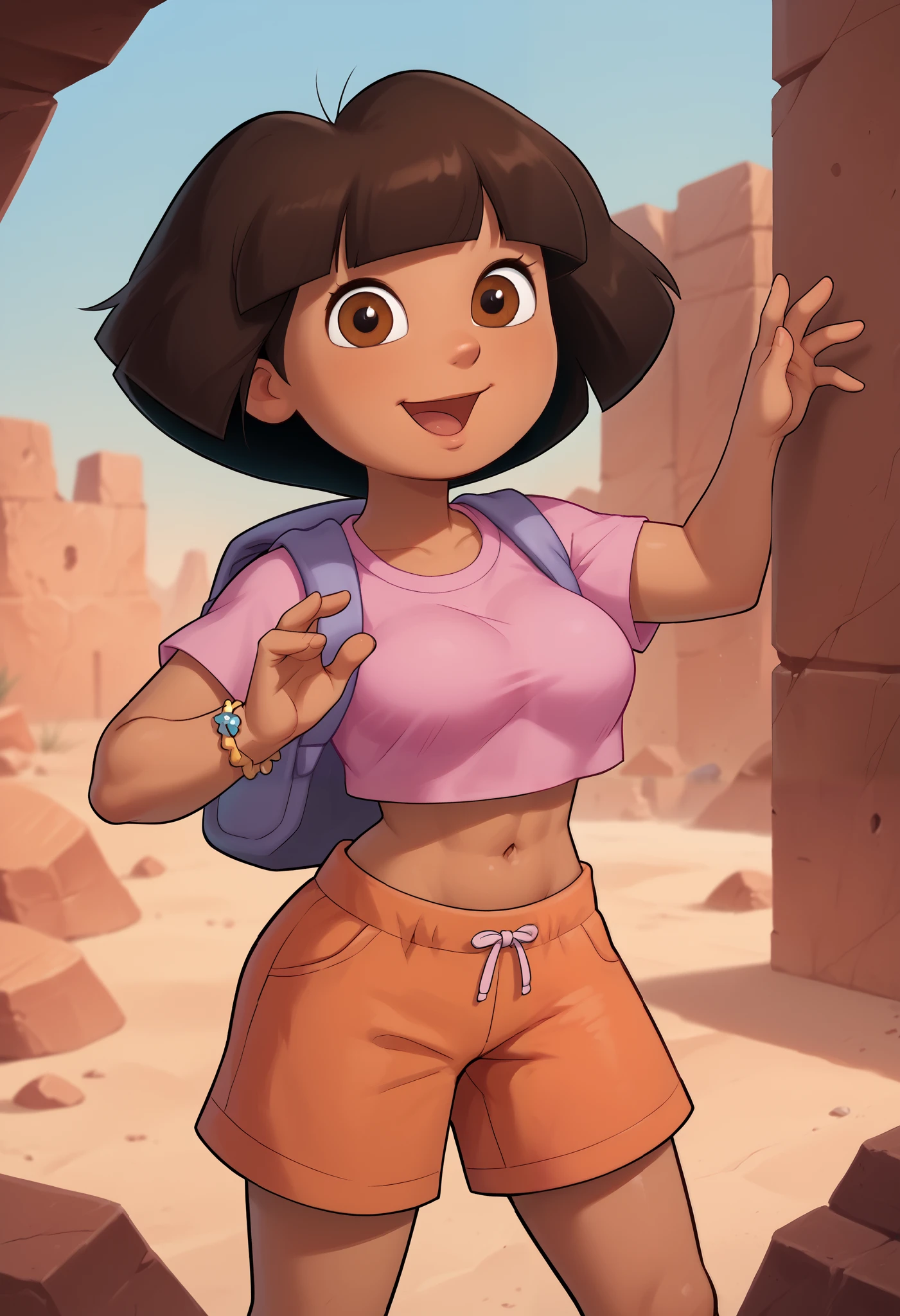  girl, solo, From the front, cute, open mouth smile, large breasts, Dora, brown eyes, desert ruins, dark-skinned female, dark brown hair, big hair, thick hair, bob cut, pink shirt, (pink crop top), bare midriff, loose shirt, (loose crop top), cut off shirt,  (orange shorts), bracelet, backpack, (slender athletic body), (disney style), dynamic pose