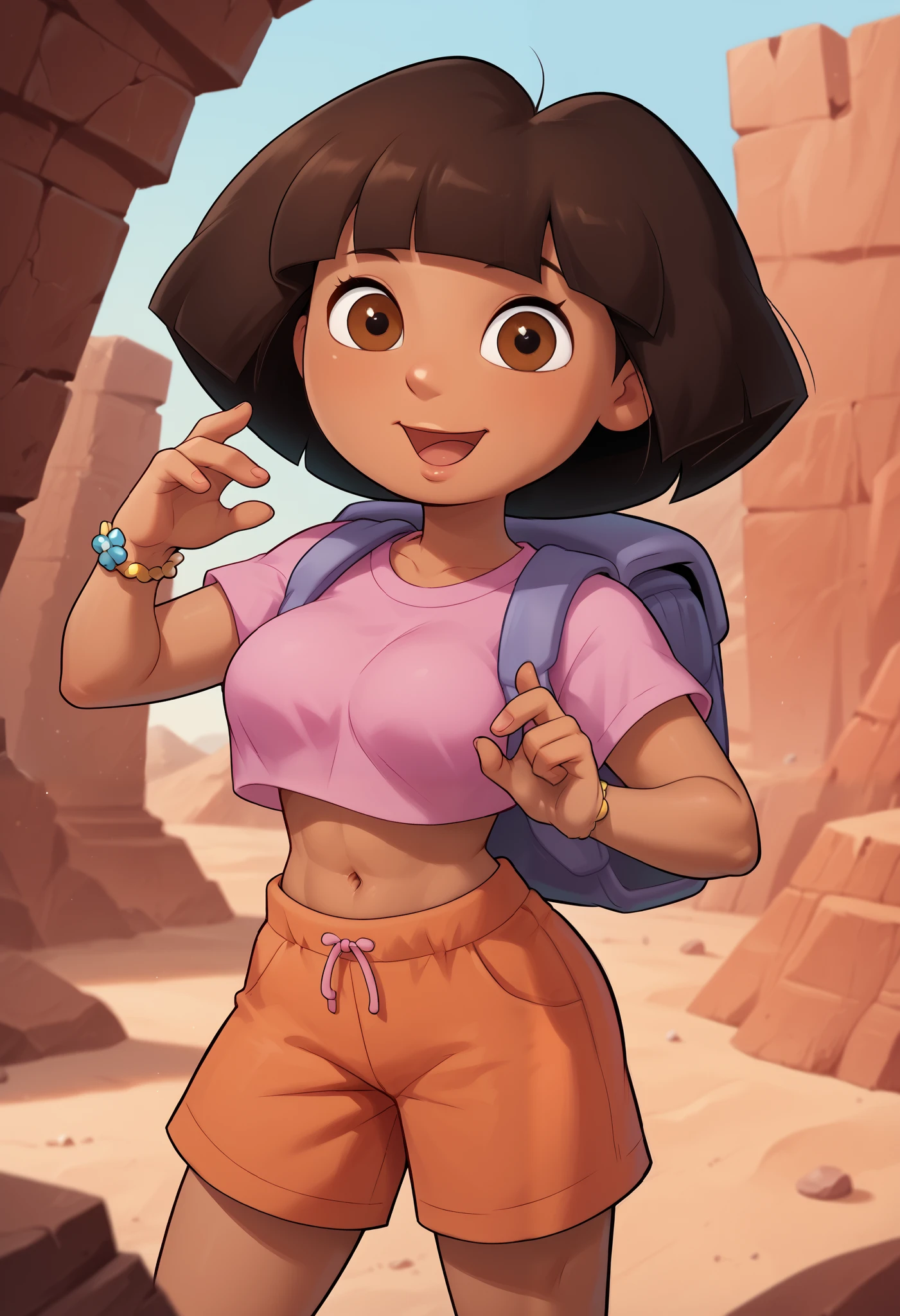  girl, solo, From the front, cute, open mouth smile, large breasts, Dora, brown eyes, desert ruins, dark-skinned female, dark brown hair, big hair, thick hair, bob cut, pink shirt, (pink crop top), bare midriff, loose shirt, (loose crop top), cut off shirt,  (orange shorts), bracelet, backpack, (slender athletic body), (disney style), dynamic pose