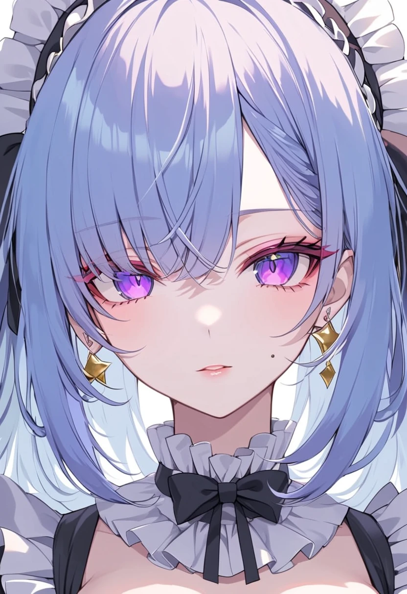 1 girl, beautiful anime girl, long hair, celeste hair, long eyelashes, ((heterothromic eyes, purple left eye, yellow right eye)), light skin, mole on cheek, red eyeliner, black dress with white fluff, ultra detailed, beautiful, big breasts, maid, [complet body]