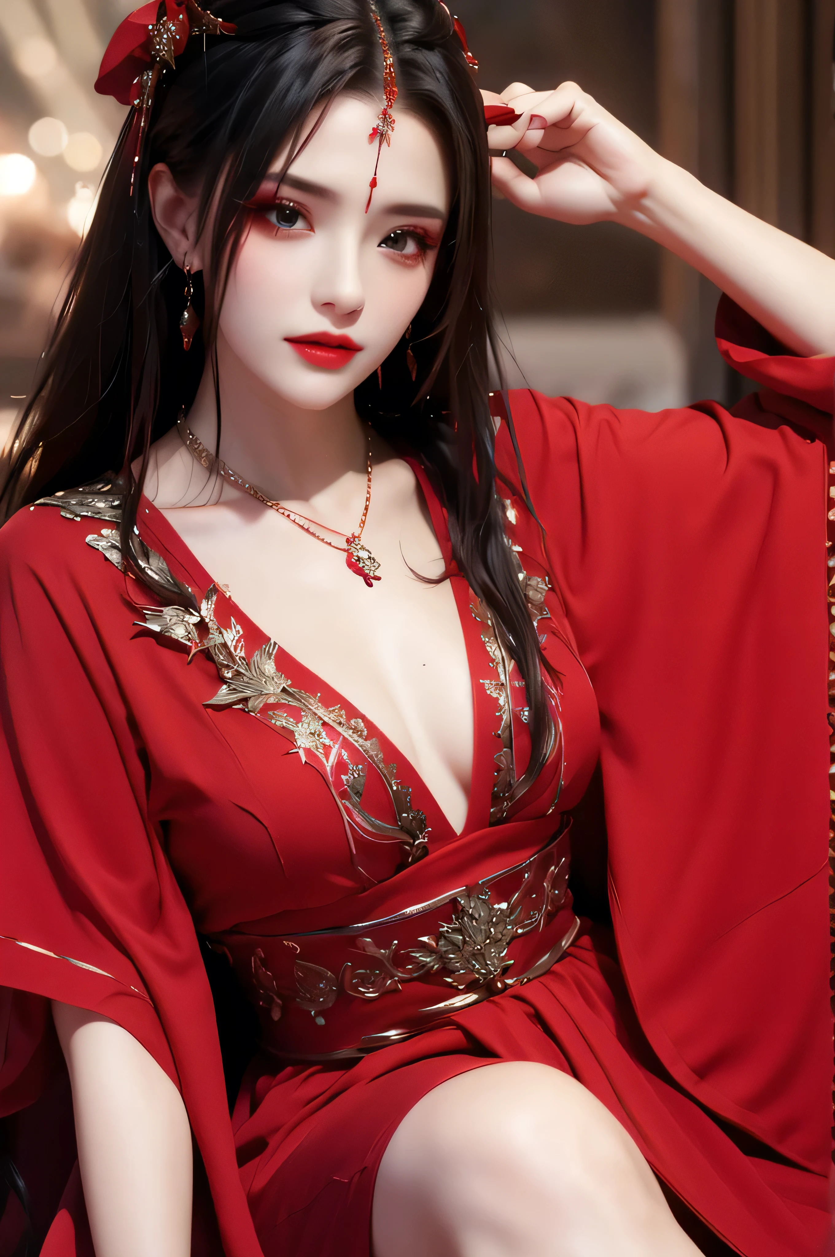 best quality, masterpiece, highres, official art, extremely detailed cg unity 8k wallpaper, jiapliqiao, 1girl, long hair, 1girl, jewelry, solo, earrings, red lips, hair ornament, makeup, realistic, red dress, necklace, full body, devilish smile