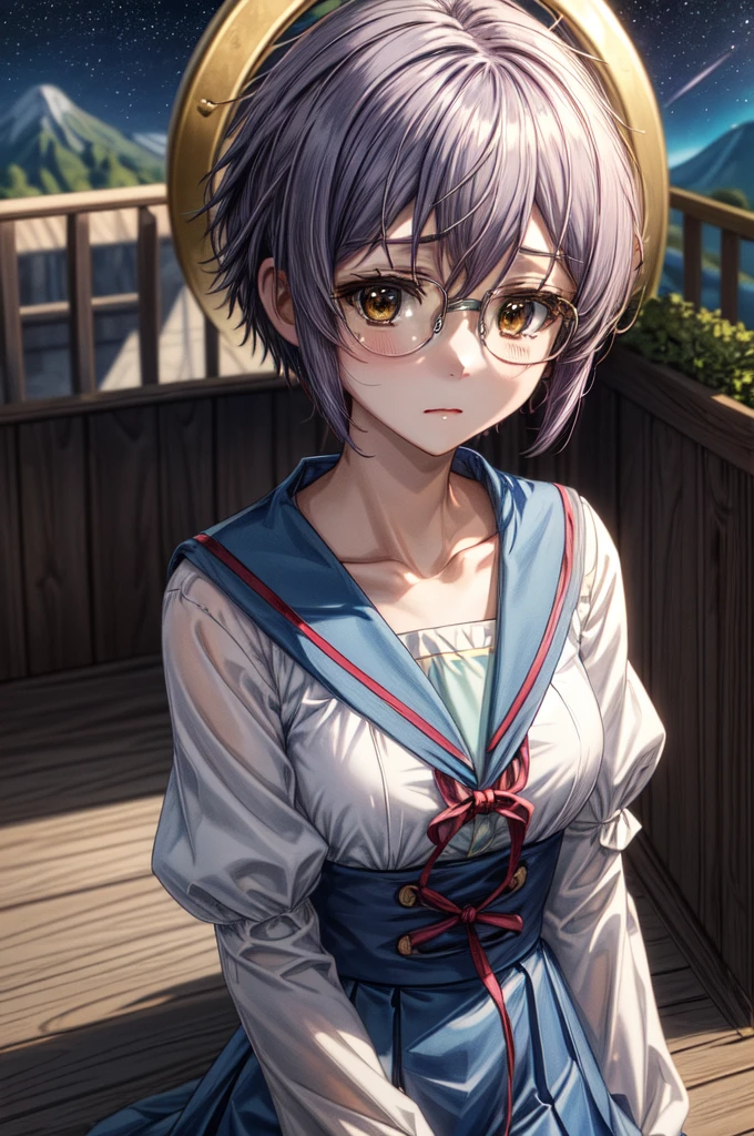 (masterpiece), (ultra-high detail), (best quality), Yuki with a serene expression, wearing a meticulously detailed blue skirt and glasses, dressed in a precisely designed serafuku summer uniform with intricate kneehighs. She stands gracefully on ancient temple stairs, surrounded by a lush, dense mountain forest at night. The Milky Way and countless stars illuminate the sky, casting a magical and ethereal glow over the entire scene. Yuki gazes directly at the viewer with a sense of wonder, as the serene ambiance encapsulates the beauty of the moment.