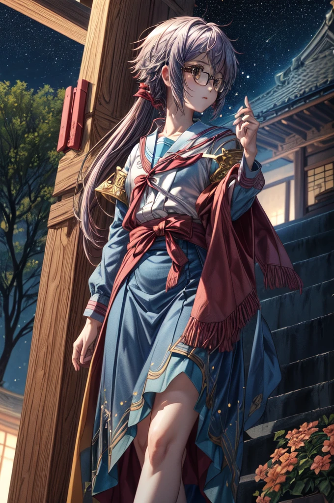 (masterpiece), (ultra-high detail), (best quality), Yuki with a serene expression, wearing a meticulously detailed blue skirt and glasses, dressed in a precisely designed serafuku summer uniform with intricate kneehighs. She stands gracefully on ancient temple stairs, surrounded by a lush, dense mountain forest at night. The Milky Way and countless stars illuminate the sky, casting a magical and ethereal glow over the entire scene. Yuki gazes directly at the viewer with a sense of wonder, as the serene ambiance encapsulates the beauty of the moment.