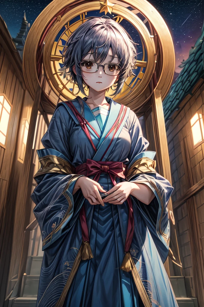 (masterpiece), (ultra-high detail), (best quality), Yuki with a serene expression, wearing a meticulously detailed blue skirt and glasses, dressed in a precisely designed serafuku summer uniform with intricate kneehighs. She stands gracefully on ancient temple stairs, surrounded by a lush, dense mountain forest at night. The Milky Way and countless stars illuminate the sky, casting a magical and ethereal glow over the entire scene. Yuki gazes directly at the viewer with a sense of wonder, as the serene ambiance encapsulates the beauty of the moment.