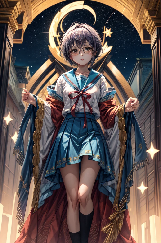 (masterpiece), (ultra-high detail), (best quality), Yuki with a serene expression, wearing a meticulously detailed blue skirt and glasses, dressed in a precisely designed serafuku summer uniform with intricate kneehighs. She stands gracefully on ancient temple stairs, surrounded by a lush, dense mountain forest at night. The Milky Way and countless stars illuminate the sky, casting a magical and ethereal glow over the entire scene. Yuki gazes directly at the viewer with a sense of wonder, as the serene ambiance encapsulates the beauty of the moment.