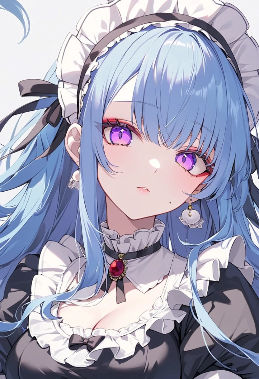 1 girl, beautiful anime girl, long hair, celeste hair, long eyelashes, ((heterothromic eyes, purple left eye, yellow right eye)), light skin, mole on cheek, red eyeliner, black dress with white fluff, ultra detailed, beautiful, big breasts, maid, [[full body]]