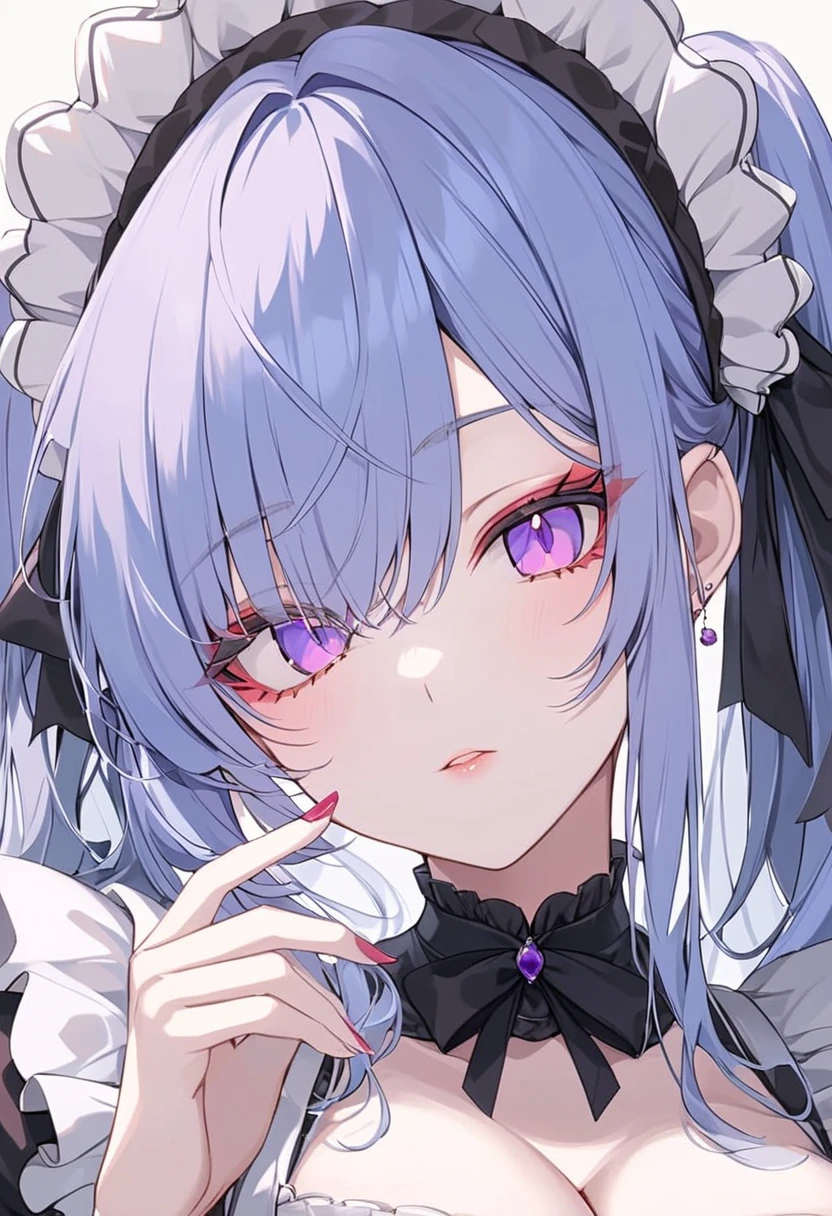 1 girl, beautiful anime girl, long hair, celeste hair, long eyelashes, ((heterothromic eyes, purple left eye, yellow right eye)), light skin, mole on cheek, red eyeliner, black dress with white fluff, ultra detailed, beautiful, big breasts, maid, [[full body]]