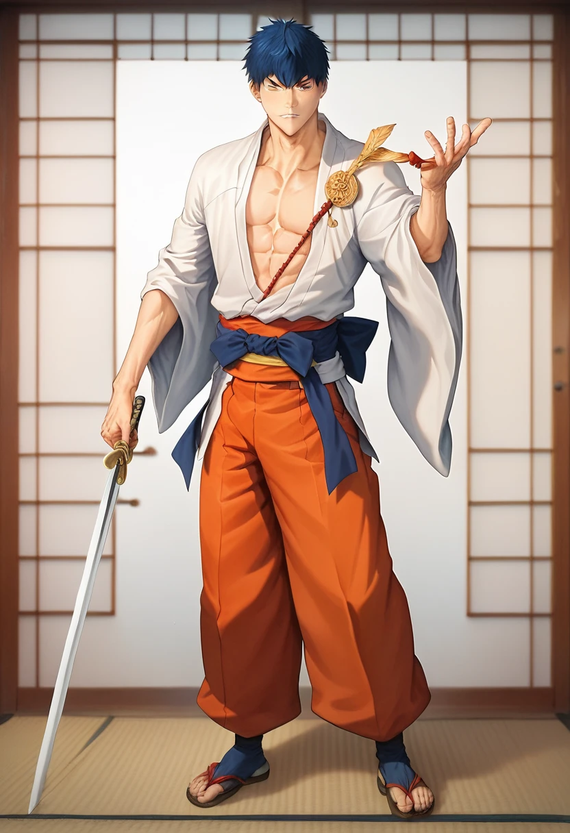 1 man Kageyama tobio, skinny tall body, standing at soul Society, wear shinigami japan traditional outfit, holding a Zanpakutou sword, samurai pose, full body view