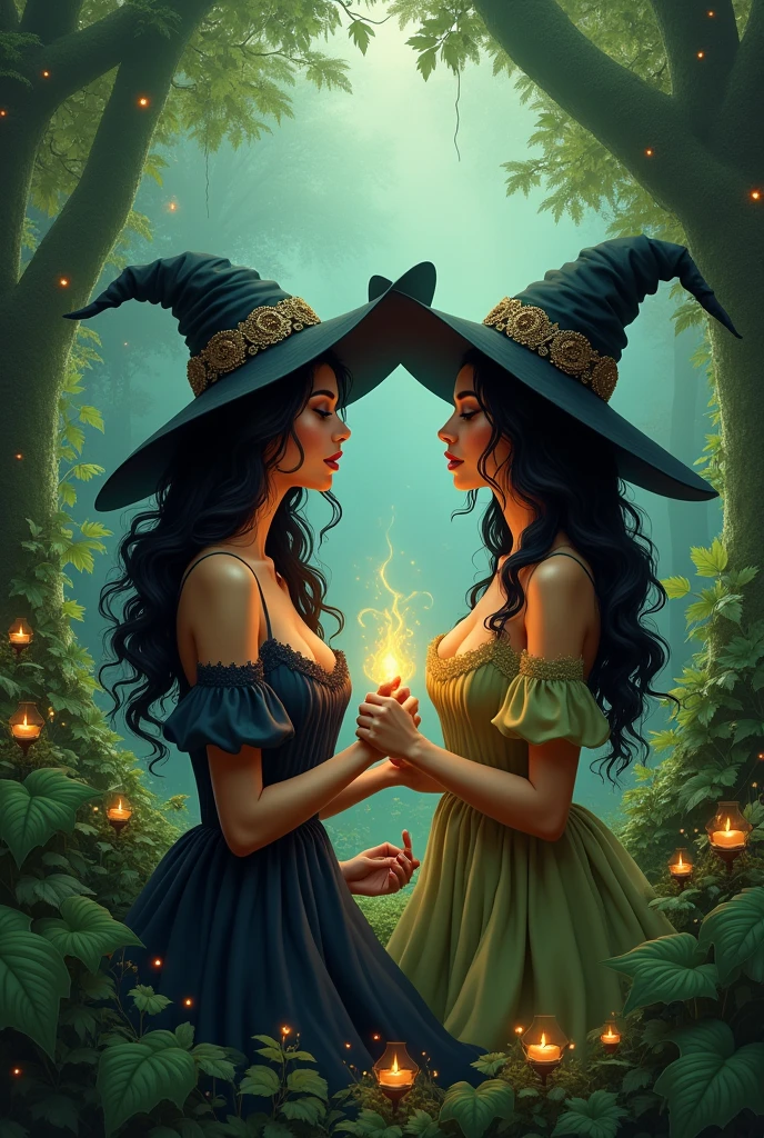 Four witches dancing in the forest, with witch hats, different types of bodies, in underwear of different styles, real bodies, different hair color