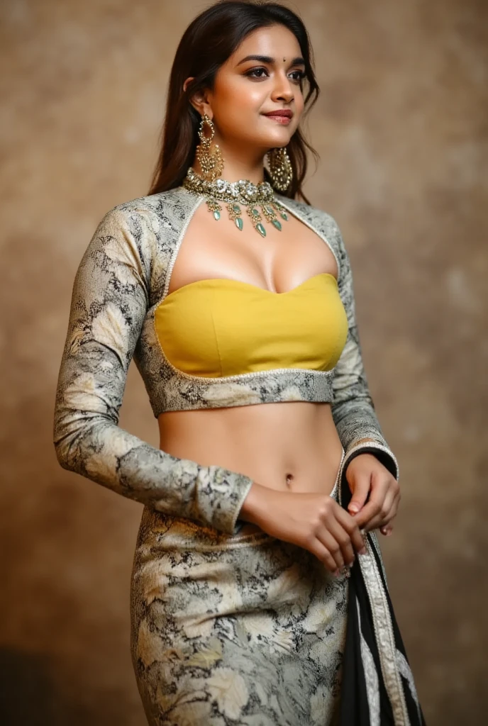 (masterpiece, best quality:1.2), 1girl, solo, Indian clothing ,1girl, 3d, breasts, brown background, cleavage, earrings, giant, giantess, , jewelry, large breasts, lips, midriff, navel, photo \(medium\), photo background, photo inset, photorealistic, realistic, sand, short hair, solo, strapless