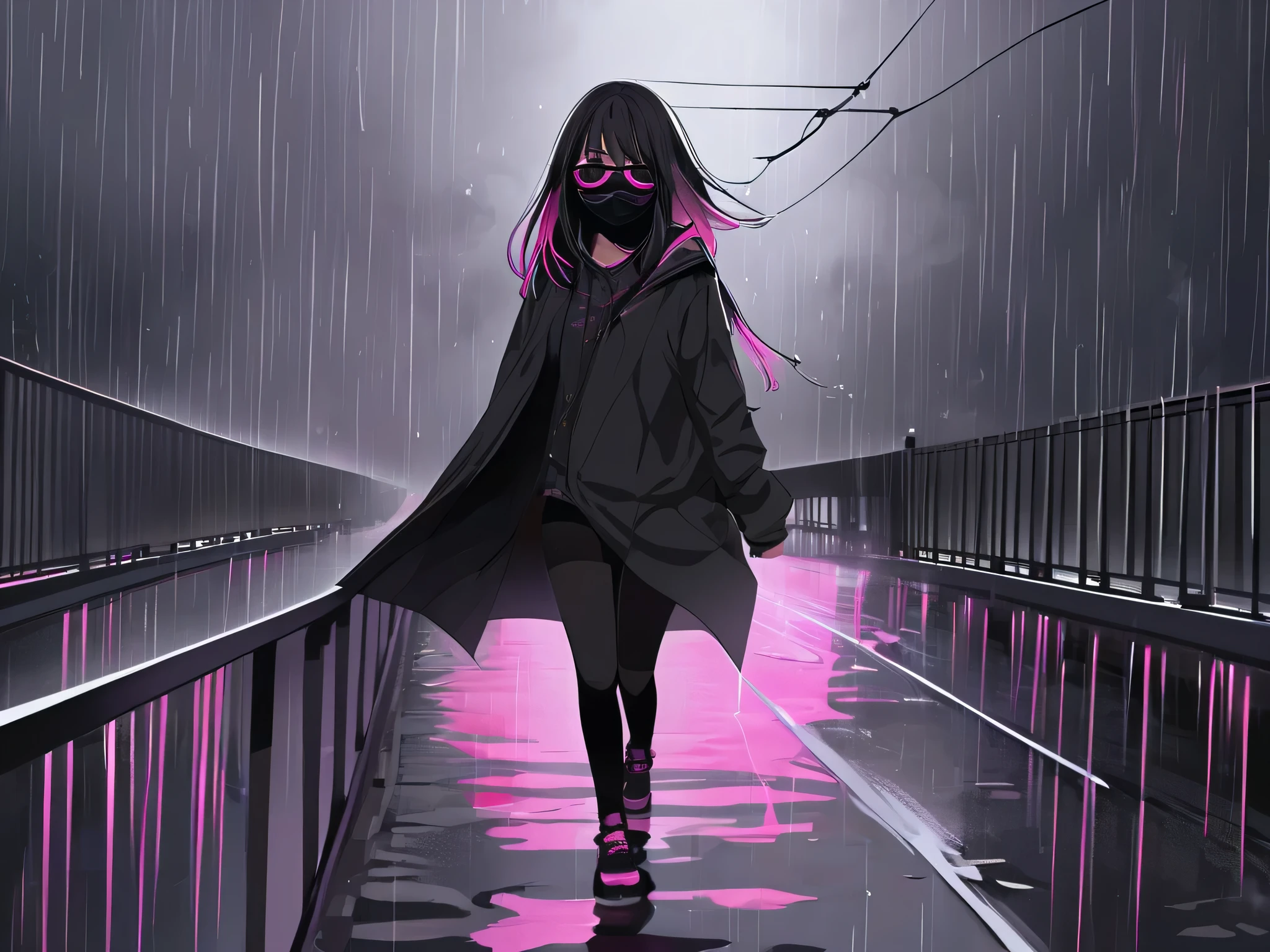 Create a female character who wears a black face mask, with dark, straight hair that fades to pink at the tips, dark clothing, it is night and it is raining, the rain falls on her face. She is walking on a bridge