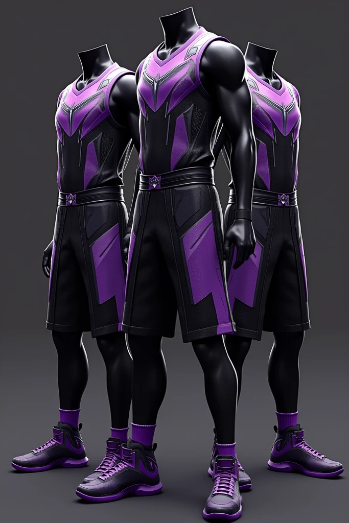 Basketball shirt and shorts design with black and purple colors