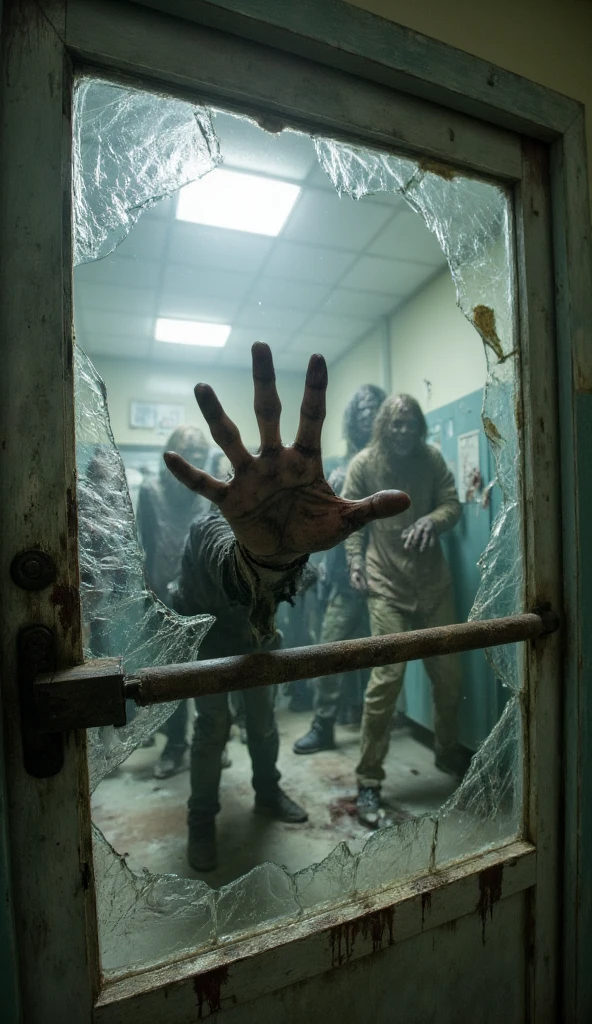 The door inside the hospital ， The door with an iron bar in front of it opened a slit， was lost. Behind the glass door, a zombie's hand broke the glass and extended it into the picture， There are a few fuzzy zombies behind the door，The zombie's outstretched hand is the focus ，Imagine 