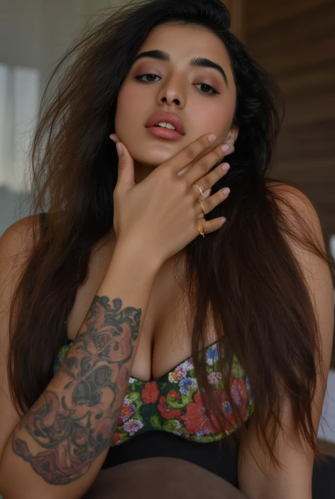 A beauty girl with tattoos on body, beautiful art tattoo detailed, Wearing sarong dress, detailed beautiful eyes, baby face, cute girl, big breast, show areola, nipples erected detailed, open legs, show dark hairy pussy, lay on bed, (invite sex intimate pose), open your pussy, full body, earrings,