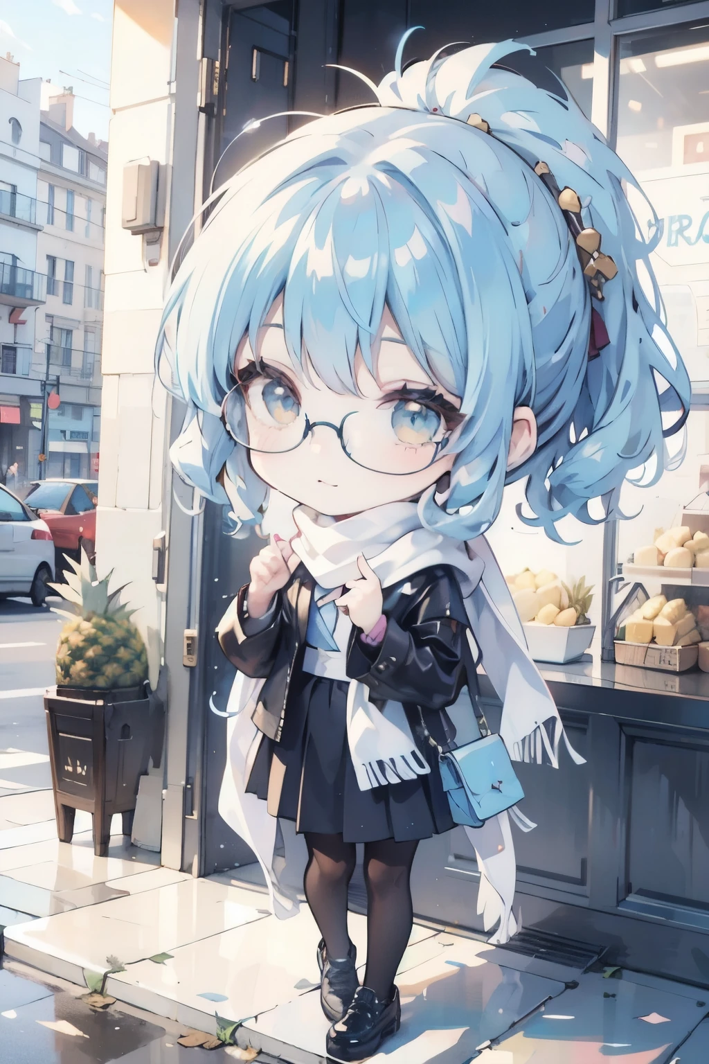 ( Masterpiece、 Fresh Pineapple:1.3)、(Anime Moe、Chibi Body、細い足、 light blue hair color, Short chignon hair、 curly hair 、Golden Eyes、:3,  :1.2)、(Winter heavy clothing 、 comments、anime character cosplay、 LEATHER JACKET、Handbags、trip、 scarf、Glasses、 chest opened using HDR:1.2)、(Delicately drawn fingers:1.2)、(stroll、Close distance:1.3)