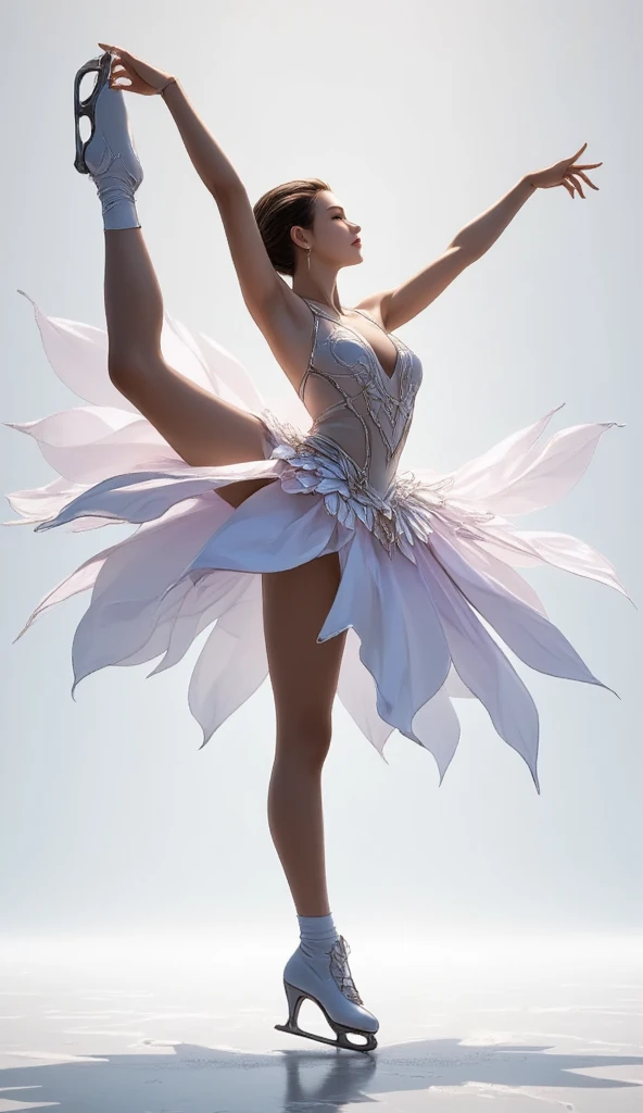 A female figure skater, beautiful and long-legged, performing a Biellmann spin, wearing a beautiful flower-like costume, ultra detailed, absolutely resolution, masterpiece