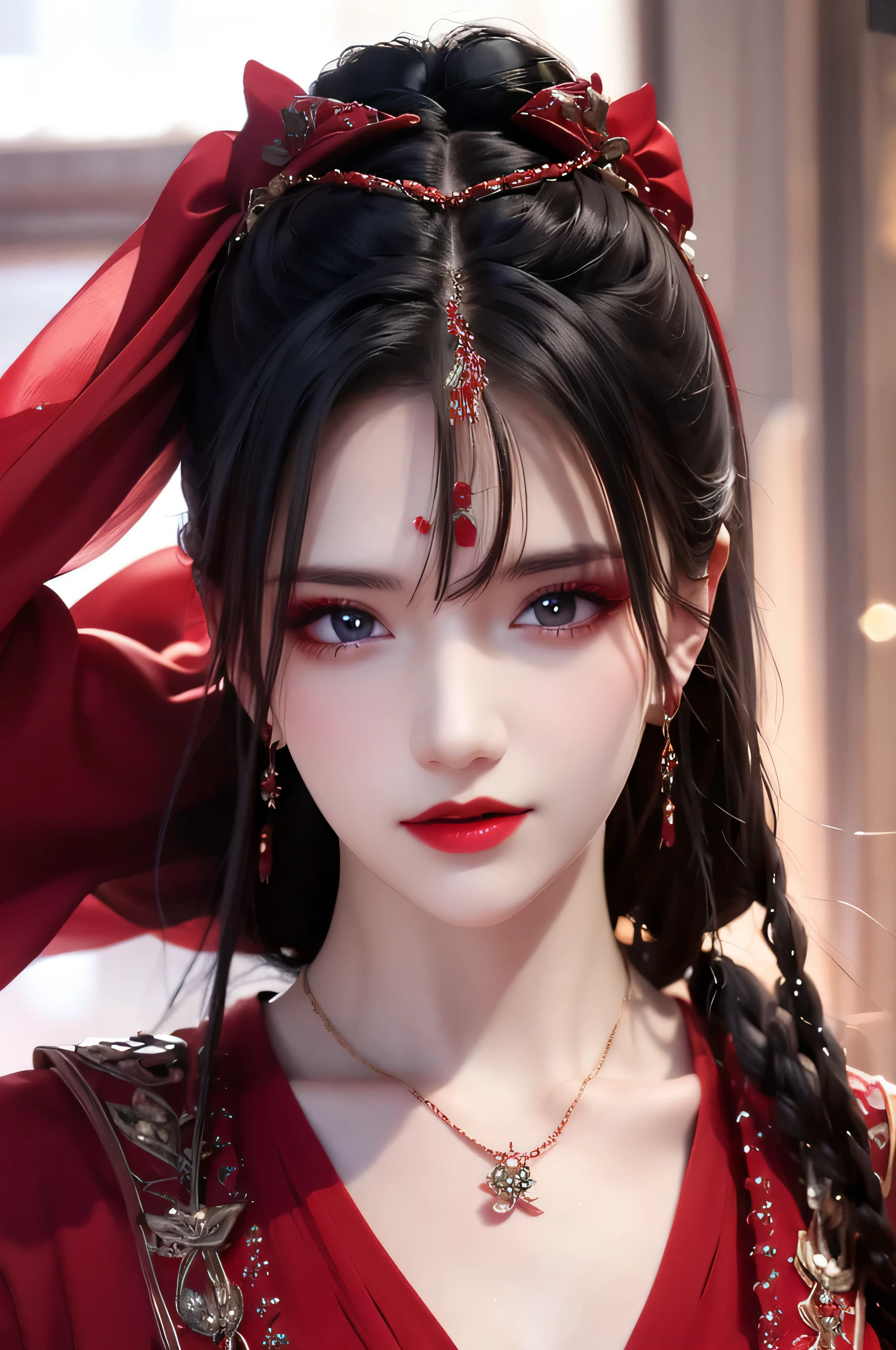 best quality, masterpiece, highres, official art, extremely detailed cg unity 8k wallpaper, jiapliqiao, 1girl, long hair, 1girl, jewelry, solo, earrings, red lips, hair ornament, makeup, realistic, red dress, necklace, full body, devilish smile