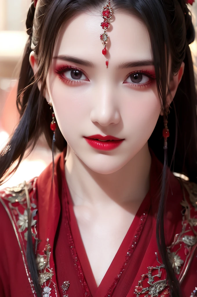 best quality, masterpiece, highres, official art, extremely detailed cg unity 8k wallpaper, jiapliqiao, 1girl, long hair, 1girl, jewelry, solo, earrings, red lips, hair ornament, makeup, realistic, red dress, necklace, full body, devilish smile