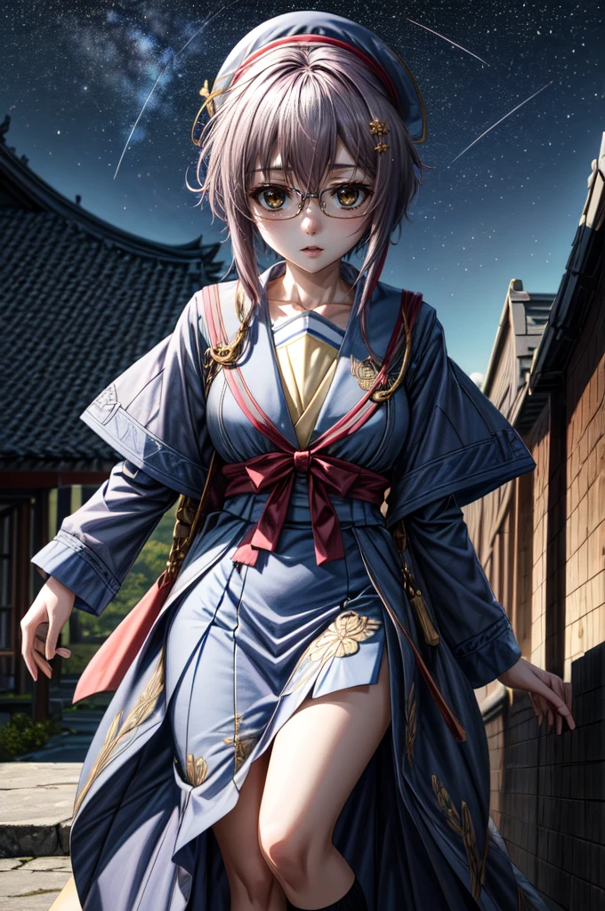 (masterpiece), (ultra-high detail), (best quality), Yuki with a serene expression, wearing a meticulously detailed blue skirt and glasses, dressed in a precisely designed serafuku summer uniform with intricate kneehighs. She stands gracefully on ancient temple stairs, surrounded by a lush, dense mountain forest at night. The Milky Way and countless stars illuminate the sky, casting a magical and ethereal glow over the entire scene. Yuki gazes directly at the viewer with a sense of wonder, as the serene ambiance encapsulates the beauty of the moment.