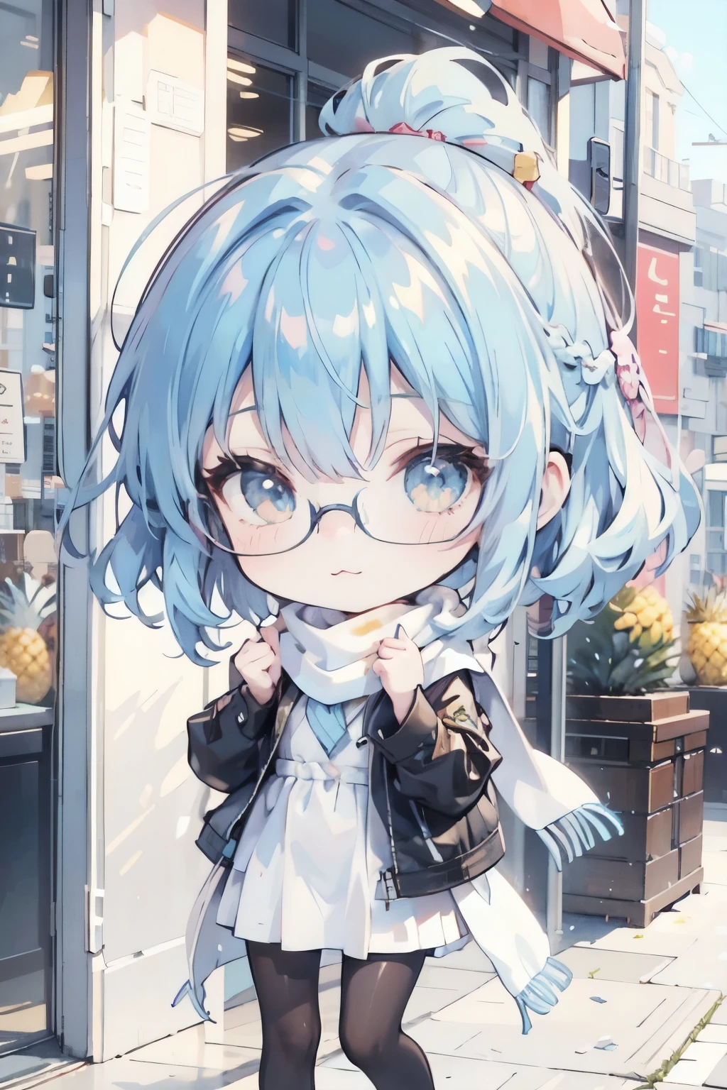 ( Masterpiece、 Fresh Pineapple:1.4)、(Anime Moe、Chibi Body、細い足、 light blue hair color, Short chignon hair、 curly hair 、Golden Eyes、:3,  :1.2)、(Winter heavy clothing 、 comments、anime character cosplay、 LEATHER JACKET、Handbags、trip、 scarf、Glasses、tights、 chest opened using HDR:1.2)、(Delicately drawn fingers:1.2)、(stroll、Close distance:1.3)