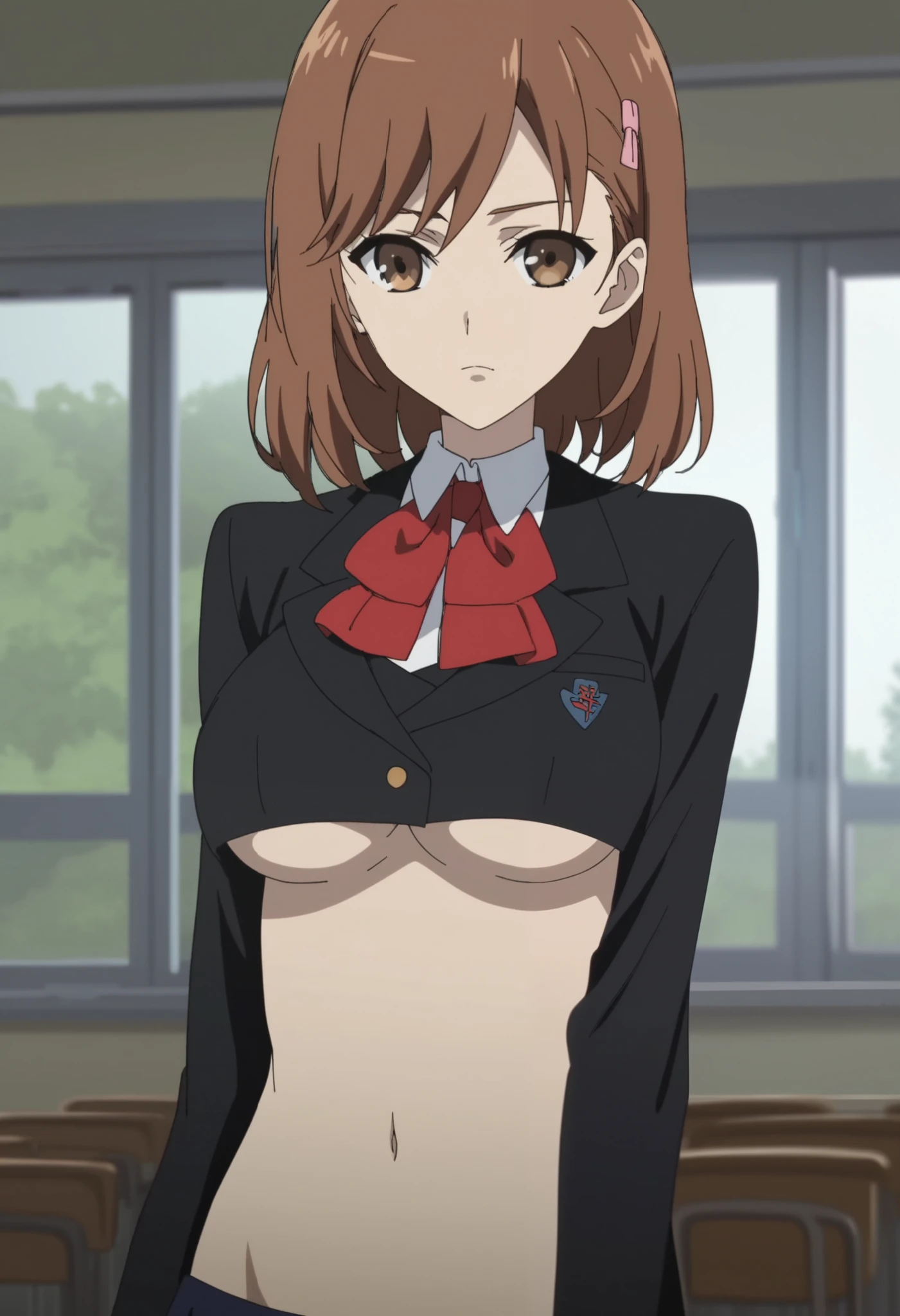 Kururi Orihara, sexy, school uniform, brown hair, short hair, standing, curvy, brown eyes, Kuudere, Durarara, anime, character, Busty, mature