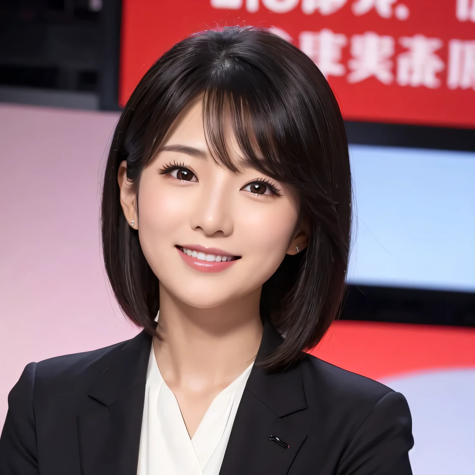 Best image quality、Ultra-high resolution、One Girl、Beautiful expression、Short fine hair､Announcer wearing a tight long-sleeved suit、Sitting in the studio, Charmaine Yu