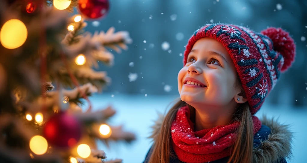 This image shows a beautiful winter scene。In the center of the picture is a tall Christmas tree,It is decorated with colorful lights and shining stars,radiates a warm。The tree is covered with various exquisite decorations,like gold and silver balls、Little red riding hood and gift box。
around the christmas tree,A group of cheerful children are having fun。They wear heavy coats,The snowflakes on my body haven’t completely melted yet。Children jumping and running with joy,With cheerful laughter echoing in the air。They held colored paper and pinwheels with Christmas designs in their hands,flying in the strong wind。
A strong cold wind howled in the sky,The wind makes the branches sway。White snowflakes are blown into the sky by the wind,forming a beautiful snow dance。In the background of this stormy celebration,And some red hats、Scarves and gloves fluttering in the wind,Adds to the festive atmosphere