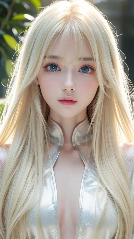 highest quality、masterpiece、ultra high resolution、(photorealistic:1.4)、1 girl、up to the shoulders、Charm、look at the camera、Bite、White blonde、bangs between the eyes、Super Long Straight Silky Hair、huge boobs、Healthy skin、delicate skin、Glowing bright pale sky blue big eyes、White shiny skin、cheek gloss highlight、
