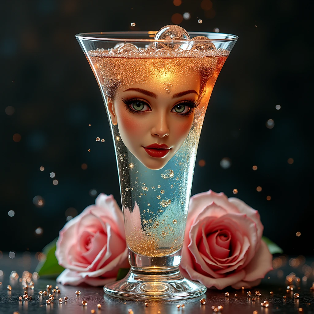 colourful drawing, very realistic of a woman of about 2, with Latin strokes, body similar to that of athlete Jutta Leerdam, short and stylish hair. We see it in close-up, holding a glass of champagne close to your face.