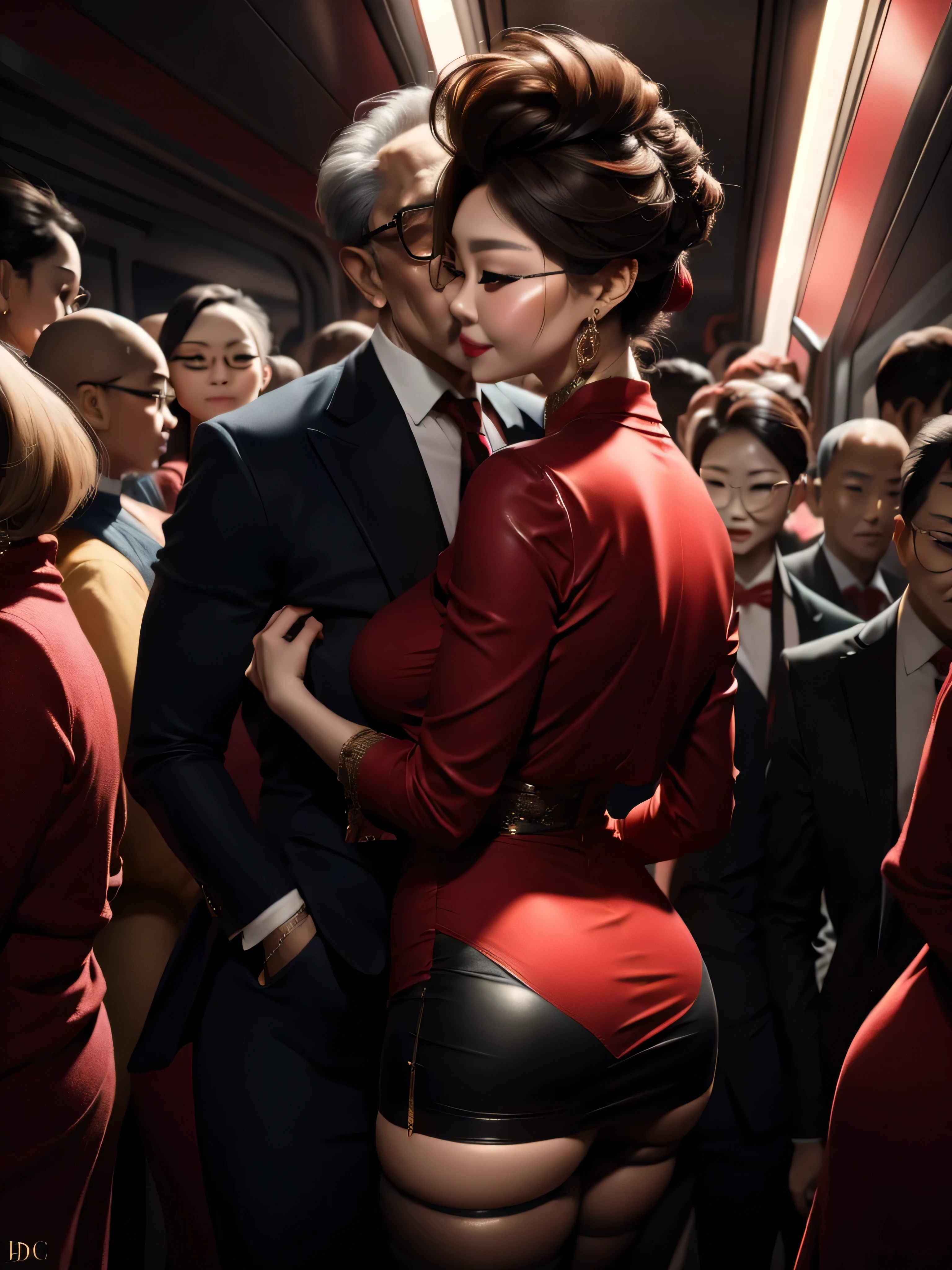 A beautiful woman wearing a revealing skirt suit, her elderly husband hugged and kissed her from behind in the crowded crowd, UHD, masterpiece, textured skin, super detail, best quality, 8k.