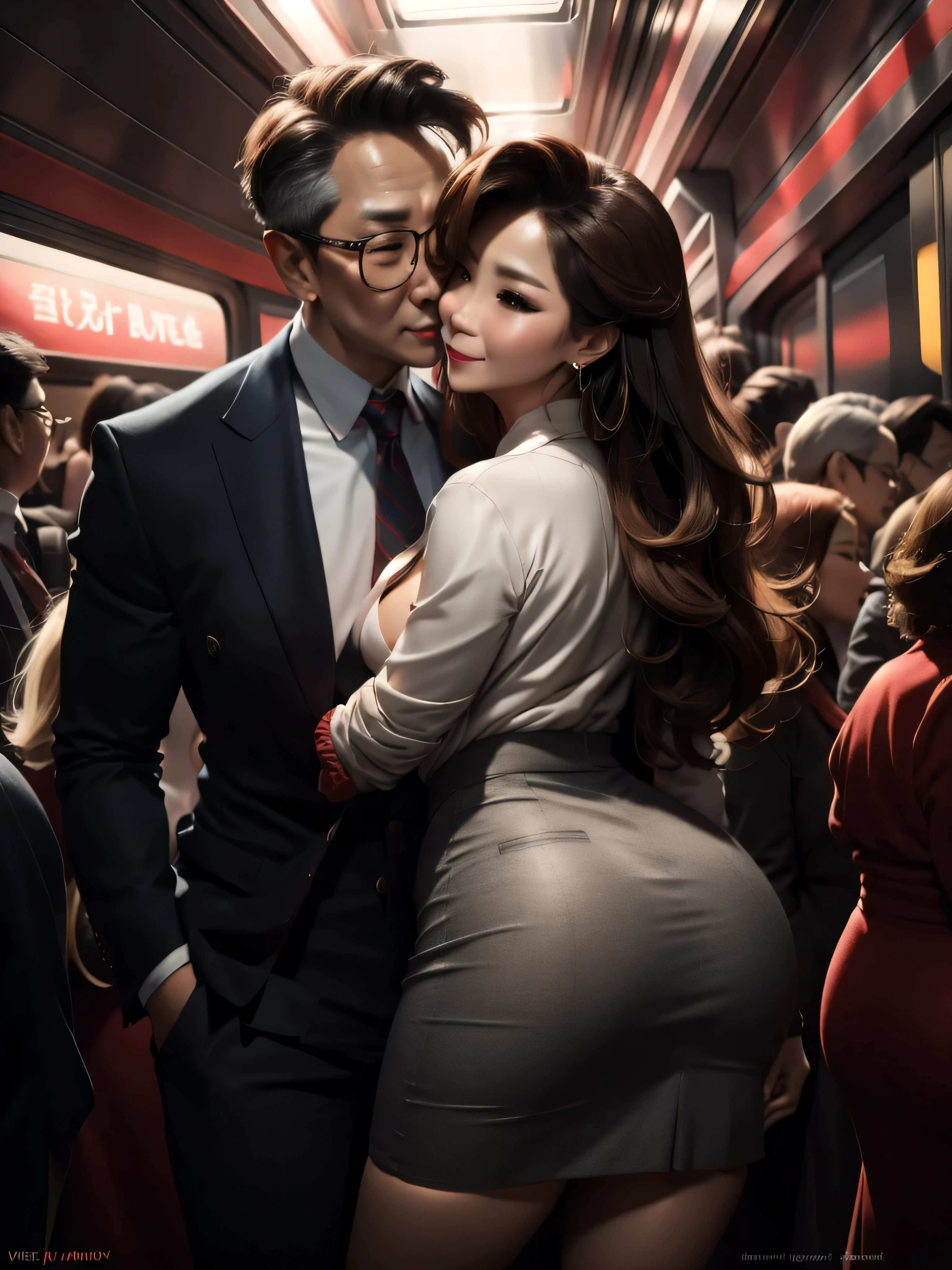 A beautiful woman wearing a revealing skirt suit, her elderly husband hugged and kissed her from behind in the crowded crowd, UHD, masterpiece, textured skin, super detail, best quality, 8k.
