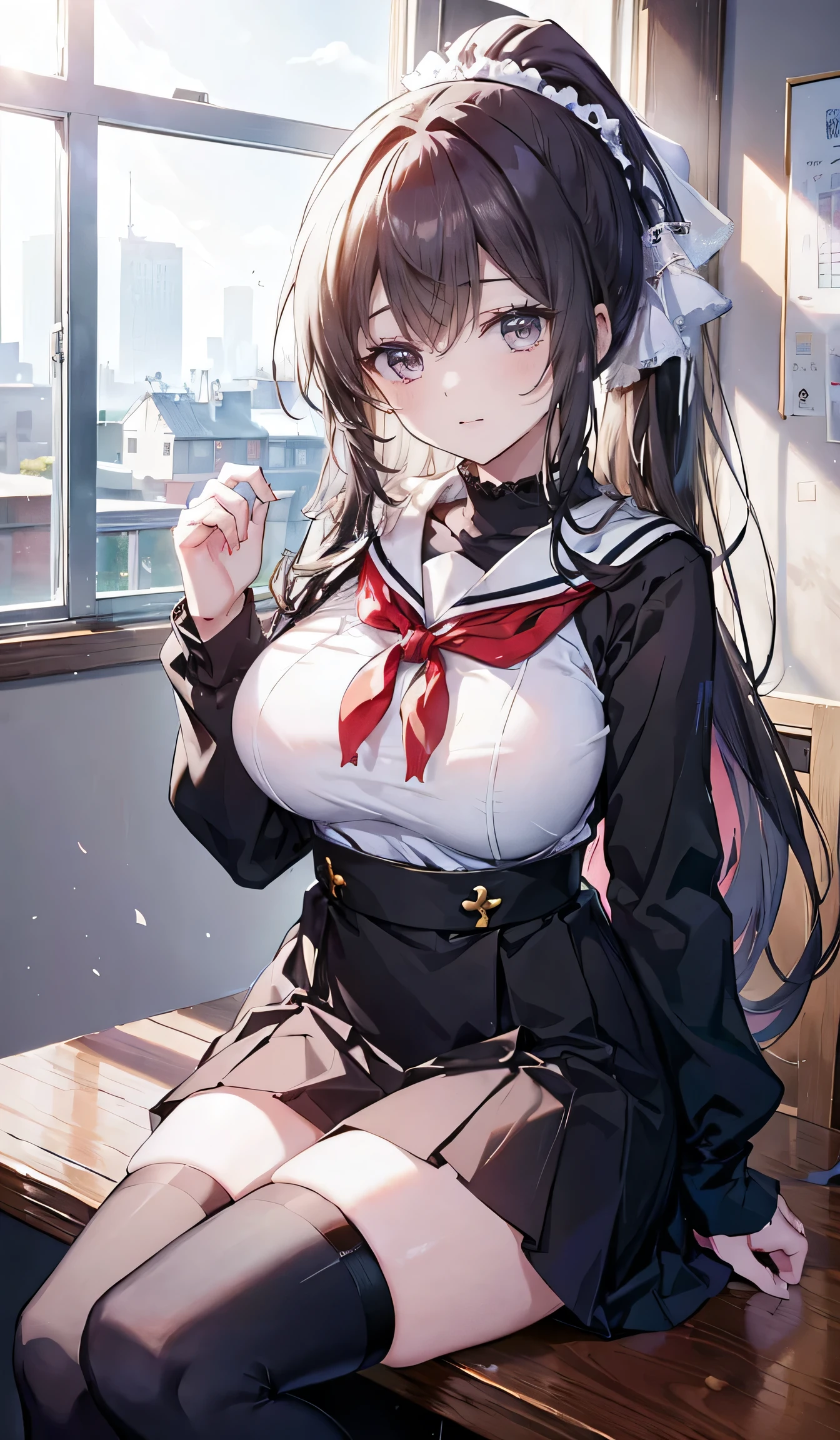 (masterpiece、 top quality、   very detailed),((Big Breasts,smile)), and there is an energetic Japanese high school girl sitting in a bright classroom 。Big breasts、 long black hair tied in a ponytail in a high position、 loose hair bundles frame the face 。 sailor suit、 short skirt、 wears a typical uniform called thigh high socks 、 the makeup is flashy but appropriate for school 、 emphasizes big, shining eyes and glossy lips 。She smiles warmly、Look straight at the viewer、 exudes a friendly and confident attitude 。The classroom is clean 、machine、 blackboard 、Natural light shines in through the window 、 creates a lively and welcoming atmosphere 。