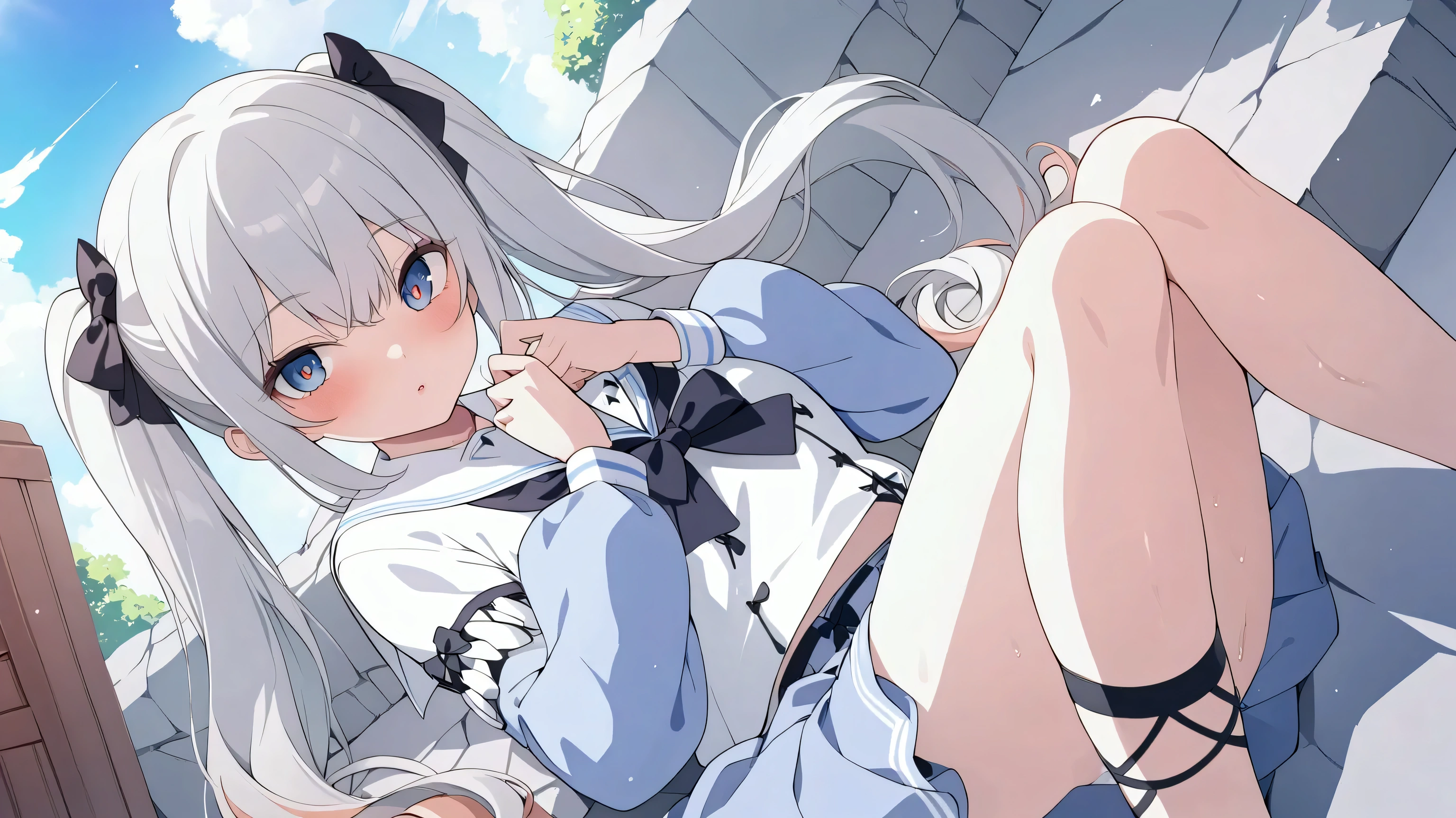 One person, solo, Long Hair, chest, ponytail, Fox Ears,Gray Hair,Light blue hair tips,tall,He is holding a large, sky-blue naginata that is as beautiful as a national treasure.,Shorts,Quarter Tights,Wearing a white suit、(((Caught in a trap))),(((Tied up hands and feet))),(((Chained)))