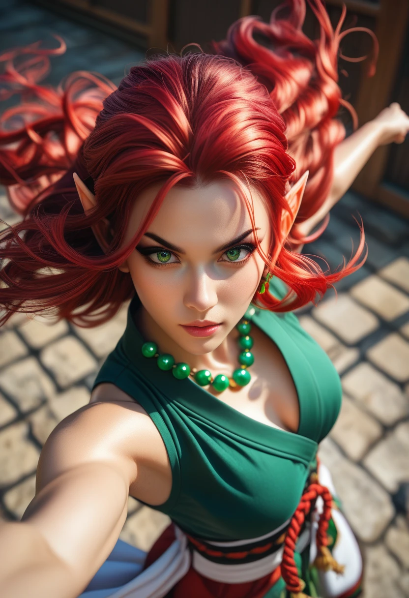 (realistic:1.3), insane detailed, quality, (masterpiece:1.2), (photorealistic:1.2), (best quality), (detailed skin:1.3), (intricate details), ray tracing, ((close up)), (((1girl))), (((1 person))), 20 years old, selfie, red hair, huge breast, purple tight dress, green shawl, hair band, (white background)