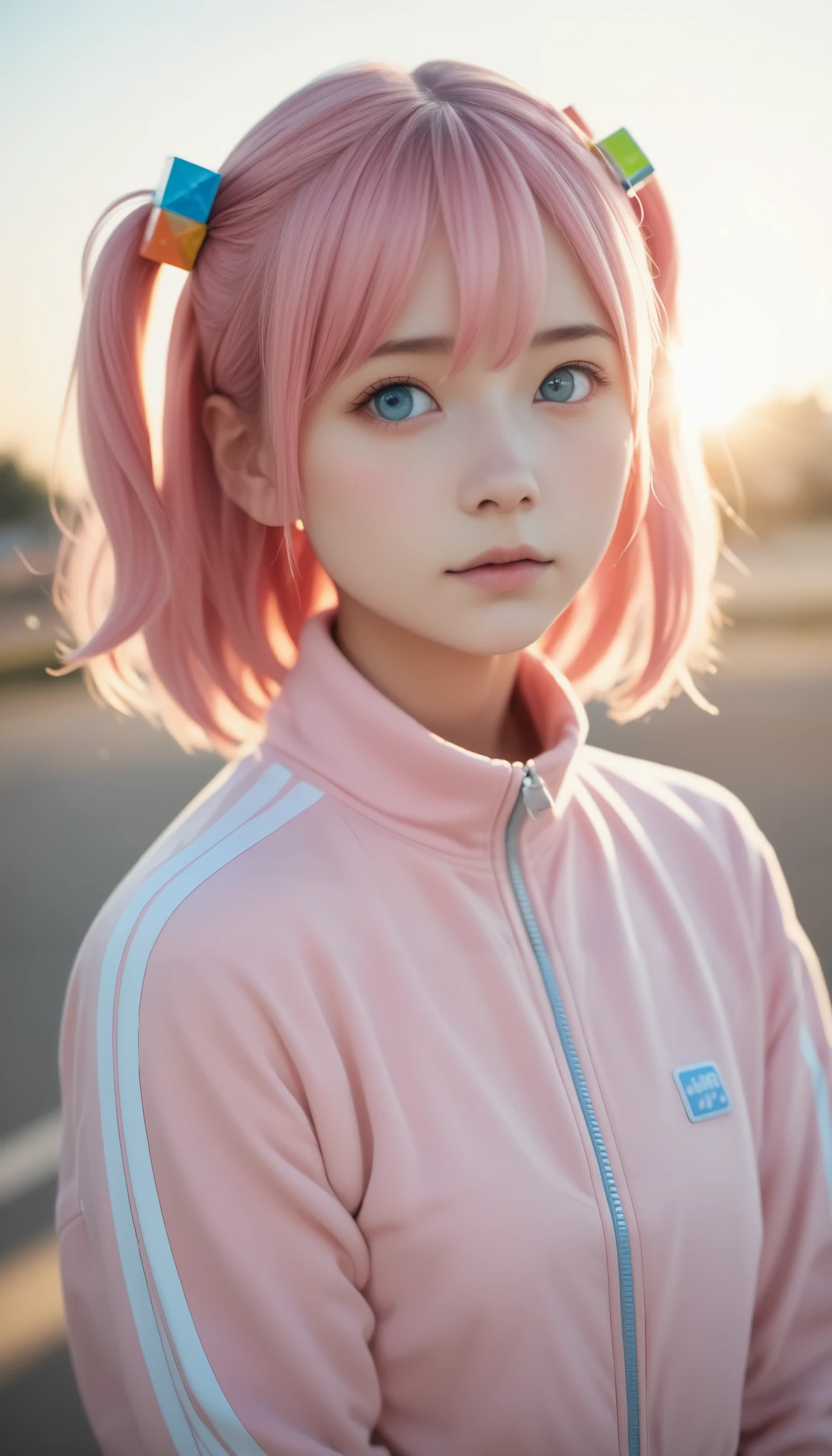 Cold girl,   RAW photo , Portrait of Shays  , (  pink hair) , gotou,    hair ornament   , cube    hair ornament   ,   track jacket  ,  (  high definition skin:1.2),   8K ultra HD ,    can be done by looking at a DSLR camera  。,   soft lighting  ,   High Quality  ,   film grain  ,   Fujifilm XT3