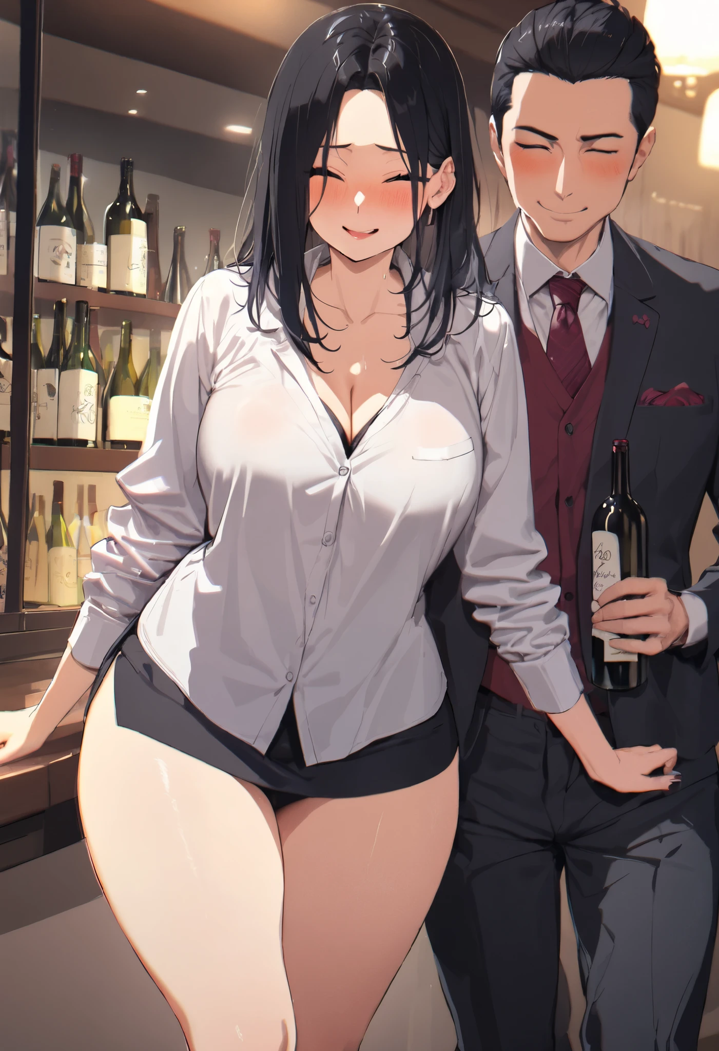 nsfw,pencil skirt,off-the -shoulder blouse,mature modest female,adult curvy body,sweaty,trembling,female painful and insane eyes,(black hair),tied hair,saliva,standing at train,other's hand on buttocks