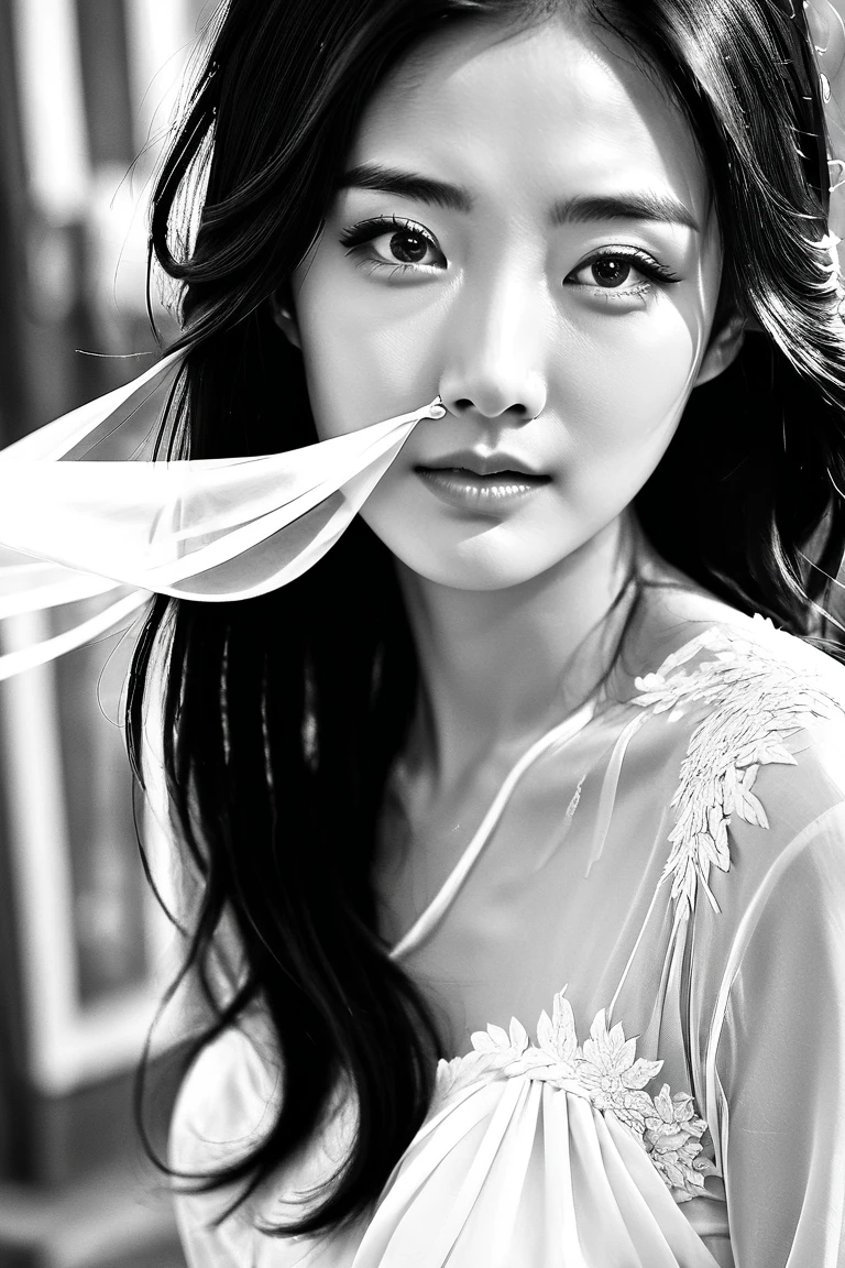  Black and white photo with a surreal style .  Beautiful young woman from East Asia , Incredibly charming ,  Elegant and pure .  Long black hair flies in the wind ,  She wears a white silk dress ,  Big round eyes ,  flawless face .  She crying while looking at you with sad eyes ,  lips softly opened with a smile of regret .  Tears roll down her cheeks .  The woman reached out and waved goodbye.  The scene inside the church .