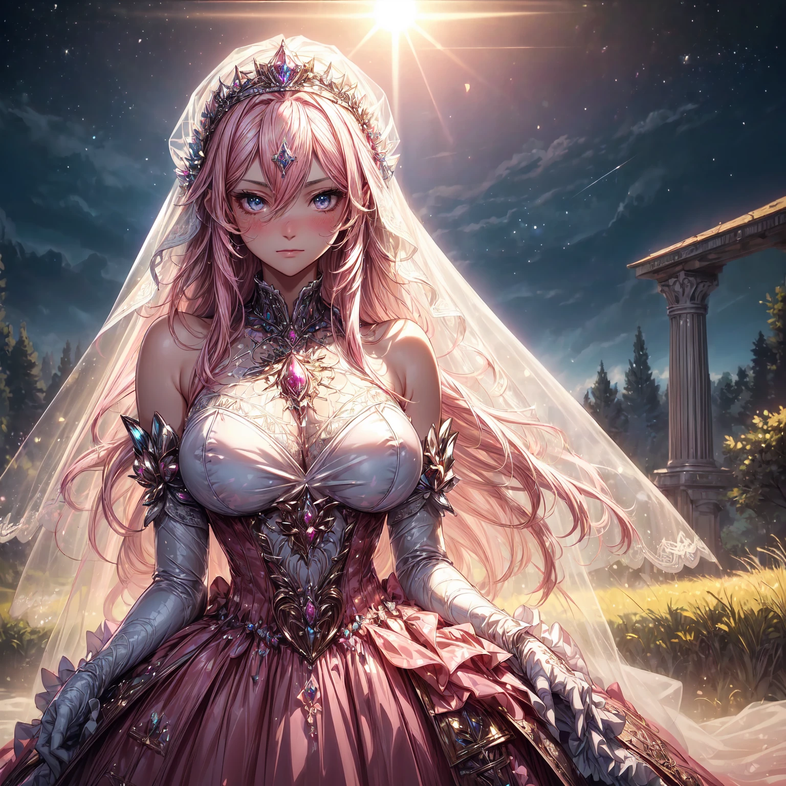 seraphine1, league of legends, pink hair, cleavage, digital illustration, vibrant colors, soft lighting, glowing effects, perfect face, glowing effects, absurdres, ultrasharp, 8K, long hair, bride dress, flowers, sakura flowers, holy window