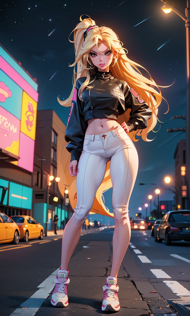 Masterpiece, 1 girl, Barbie Sins, babe, skinny, beautiful, slim and tall, long hair, blond hair, brown eyes, arched eyebrows, full body, pretty legs, abdomen plano, Kpop outfit, top corto, pantalón cropped blanco, sports shoes , (((desnuda))), on the street, dark sky, Danger Zone , 