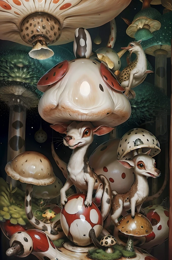 fantastic mushrooms, red and white spots, Amanita muscaria , with animal characteristics, showing his teeth and strength in his big eyes. Everything like a big unreal dream.