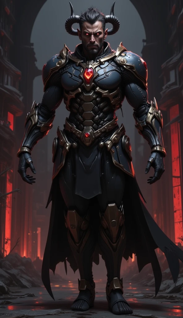  is possessed by a demon, a holy knight commander.A full-body image of an adult male . muscular body .Wear the Holy Knight's Armor. Eyes Deep Red . standing inside a mysterious black and red church.Bold composition 