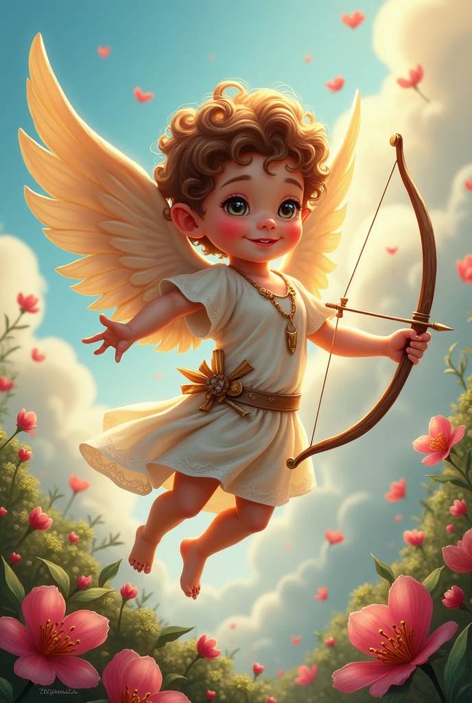 love god Cupid child shape archery on the sky, dreamlike art, enhance, intricate, (best quality, masterpiece, Representative work, official art, Professional, 8k)