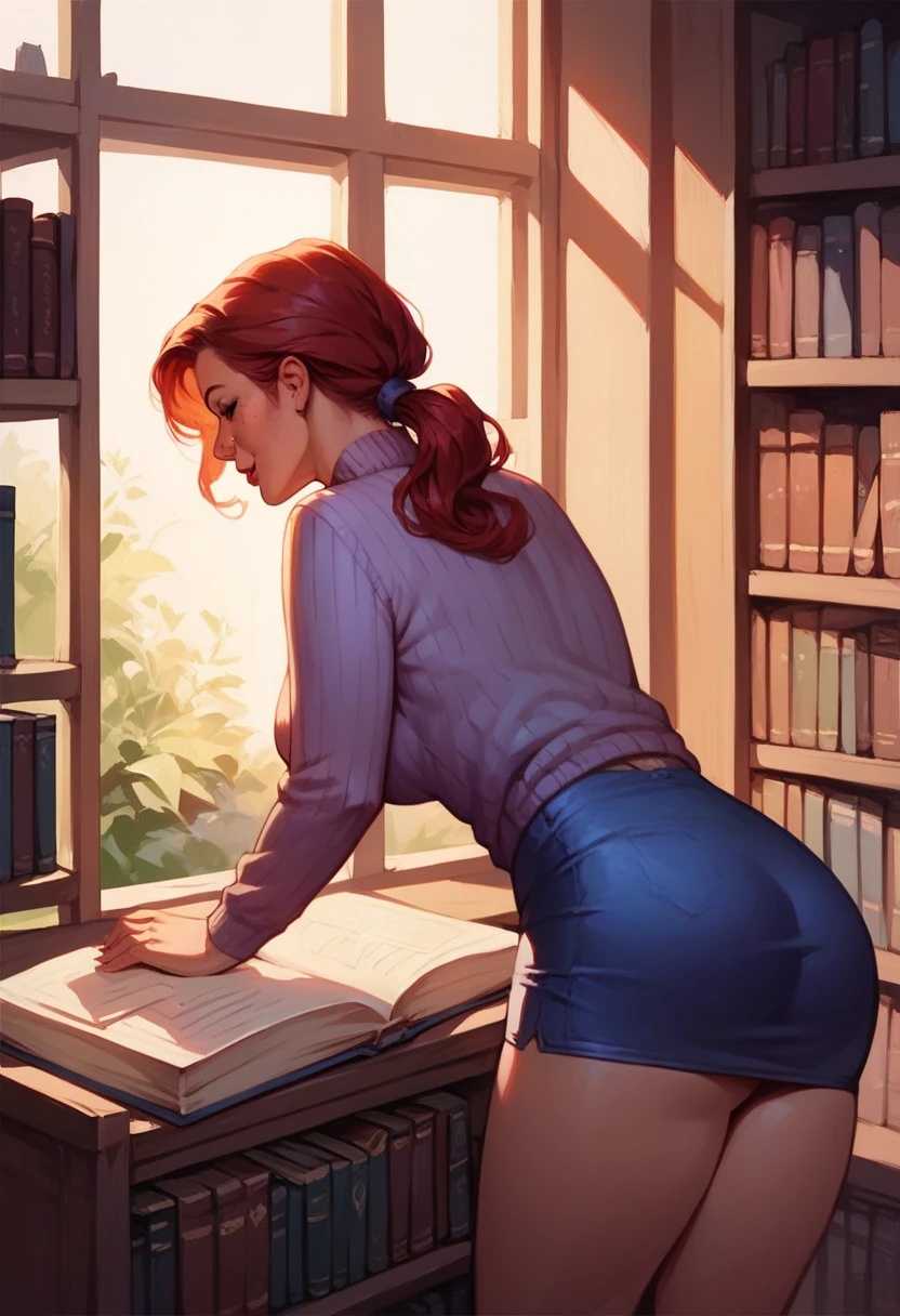 comic style:1.2), woman, Krista Allen, draw ART Artline, background a library with bookshelves, spanish woman, woman cartoon, sexy clothes , fearless and super brave girl , comic style illustration, comic art style, graphic novel art style, digital illustration style, very detailed character design, cute detailed digital art, City fan art, portrait character design, linda digital illustration, High quality portrait, comic art, character design portrait, library background. Busty without clothes and very big breasts, perky tits, perfect butt, perfect booty, Comic style female character dressed as sexy schoolgirl, Catholic high school student, Beautiful character pose in erotic pose, wearing glasses, schoolgirl uniform, deep cleavage, very short tartan pleated skirt, white thong, long stockings, beautiful breasts, well defined body, slender slim thin body, delicate and sensual, pretty face, cute and gorgeous, perfect hands, perfect fingers, full lips, long hair dark redhead, cartoon style, rear view, upskirt, see booty, see butt, digital illustration, artistic style by J. Scott Campbell
