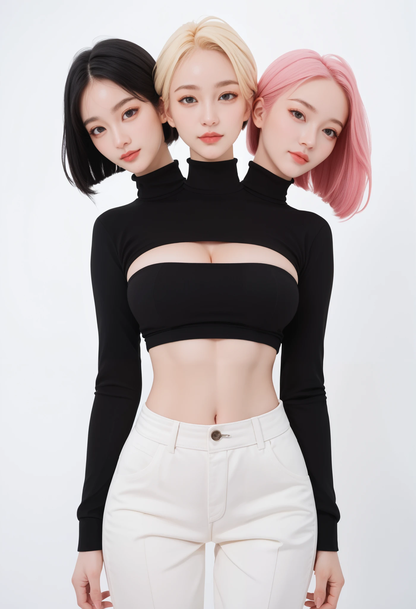 best resolution, conjoined, 3heads,  woman with three heads, tall, big chest, different hairstyles, pink hair, blonde hair, black hair, short hair, black high-neck top long sleeves, midriff, white baggy pants, white background