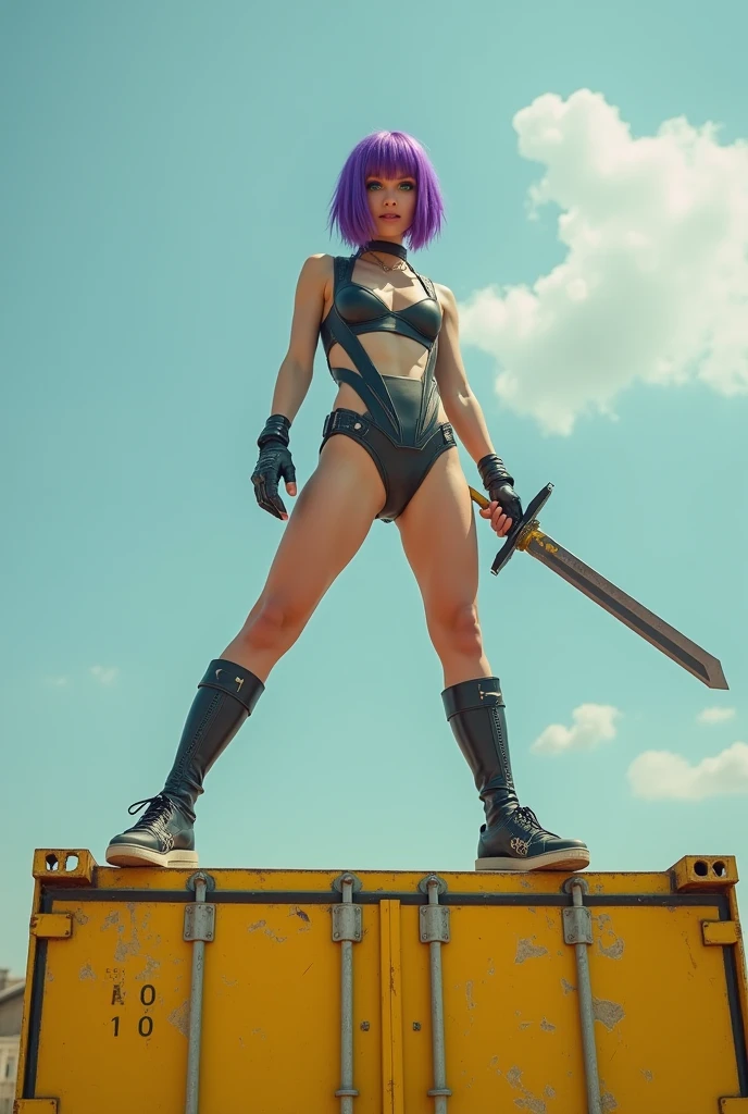 A REALISTIC, full-body image of female Laurence bedard (Age 30) dressed in bondage-gear wearing bondage-harness. Extras: flawless-skin, perfect-eyes, perfect-lips, perfect-anatomy, intricate-details, high-saturation, 35mm-raw-photo, dramatic-poses. She has blue eyes and short purple tinted hair style. And is in a : beach. And : she is posing at a photo-shoot, smiling and looking horny at viewer
